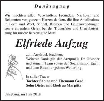 Traueranzeige von Elfriede Aufzug  von Magdeburger Volksstimme