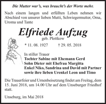 Traueranzeige von Elfriede Aufzug (geb. Plottkow)  von Magdeburger Volksstimme