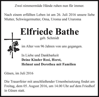 Traueranzeige von Elfriede Bathe (geb. Schmidt)  von Magdeburger Volksstimme