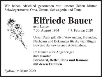 Traueranzeige von Elfriede Bauer (geb. Lange)  von Magdeburger Volksstimme