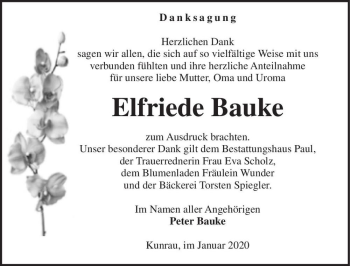 Traueranzeige von Elfriede Bauke  von Magdeburger Volksstimme