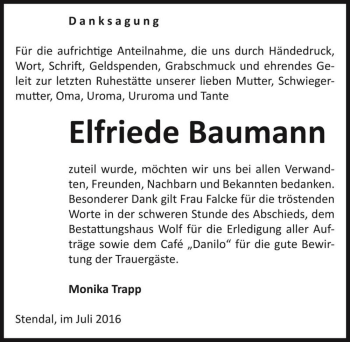 Traueranzeige von Elfriede Baumann  von Magdeburger Volksstimme