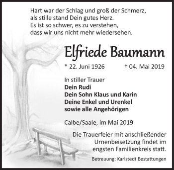 Traueranzeige von Elfriede Baumann  von Magdeburger Volksstimme