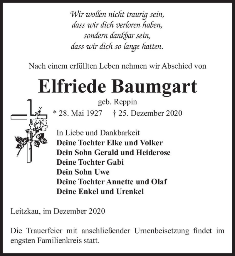  Traueranzeige für Elfriede Baumgart (geb. Reppin)  vom 02.01.2021 aus Magdeburger Volksstimme