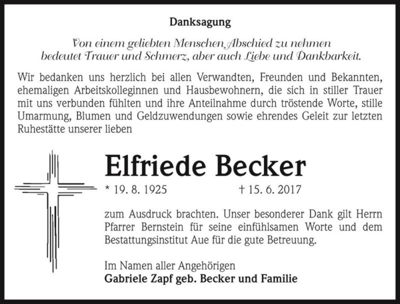  Traueranzeige für Elfriede Becker  vom 15.07.2017 aus Magdeburger Volksstimme