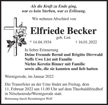 Traueranzeige von Elfriede Becker (geb. List)  von Magdeburger Volksstimme