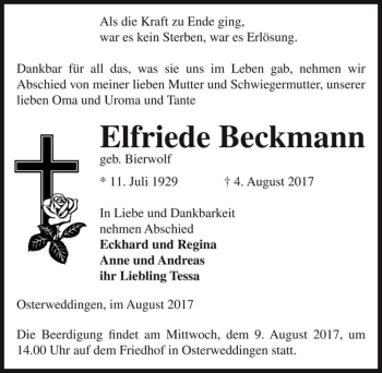 Traueranzeige von Elfriede Beckmann (geb. Bierwolf)  von Magdeburger Volksstimme