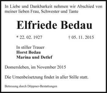 Traueranzeige von Elfriede Bedau  von Magdeburger Volksstimme