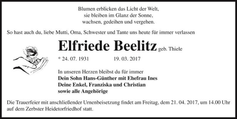  Traueranzeige für Elfriede Beelitz (geb. Thiele)  vom 25.03.2017 aus Magdeburger Volksstimme