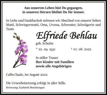Traueranzeige von Elfriede Behlau (geb. Schulze)  von Magdeburger Volksstimme