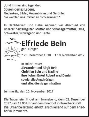 Traueranzeige von Elfriede Bein (geb. Flötgen)  von Magdeburger Volksstimme