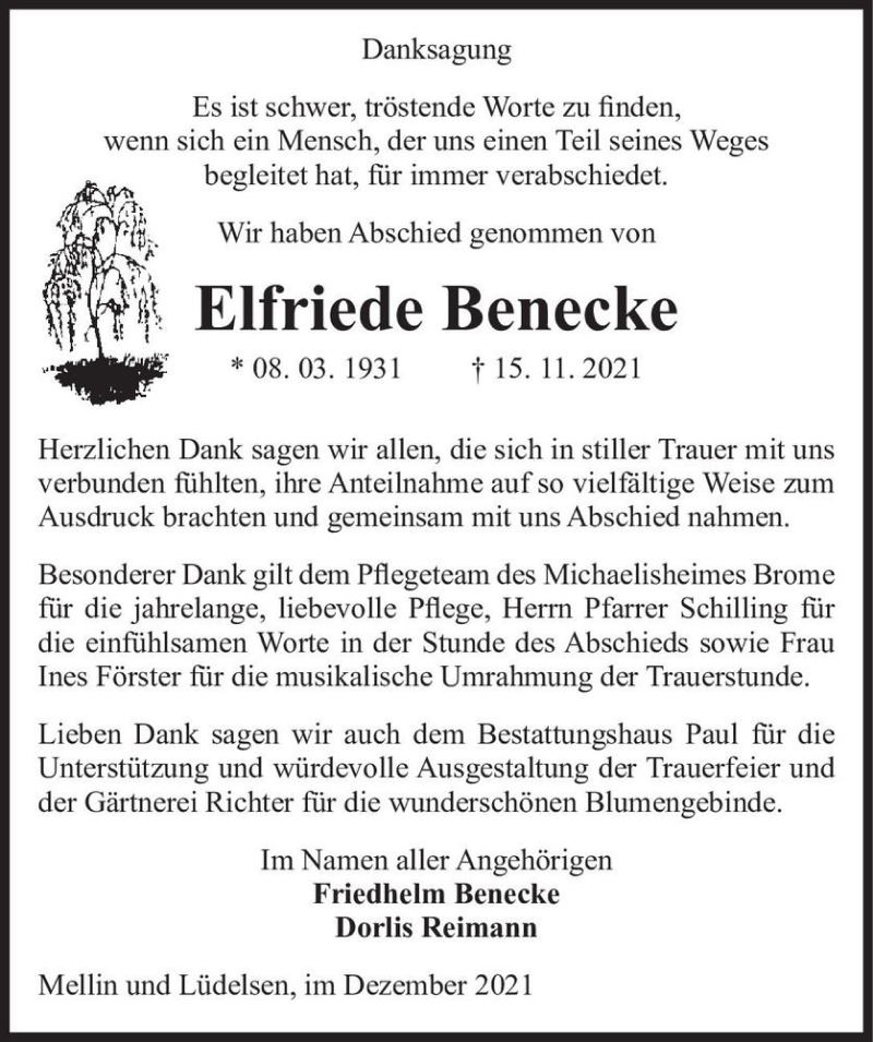 Traueranzeige für Elfriede Benecke  vom 18.12.2021 aus Magdeburger Volksstimme