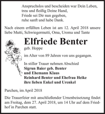 Traueranzeige von Elfriede Benter (geb. Hoppe)  von Magdeburger Volksstimme