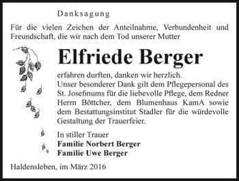 Traueranzeige von Elfriede Berger  von Magdeburger Volksstimme
