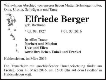 Traueranzeige von Elfriede Berger (geb. Brothuhn)  von Magdeburger Volksstimme