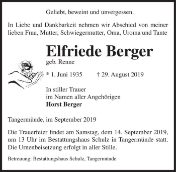 Traueranzeige von Elfriede Berger (geb. Renne)  von Magdeburger Volksstimme