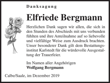 Traueranzeige von Elfriede Bergmann  von Magdeburger Volksstimme
