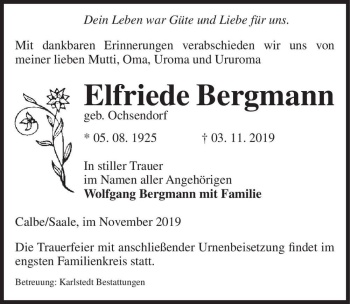 Traueranzeige von Elfriede Bergmann (geb. Ochsendorf)  von Magdeburger Volksstimme