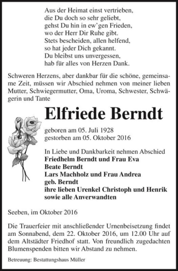 Traueranzeige von Elfriede Berndt  von Magdeburger Volksstimme