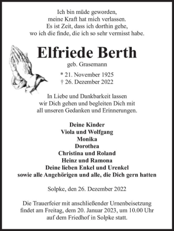 Traueranzeige von Elfriede Berth (geb. Grasemann)  von Magdeburger Volksstimme