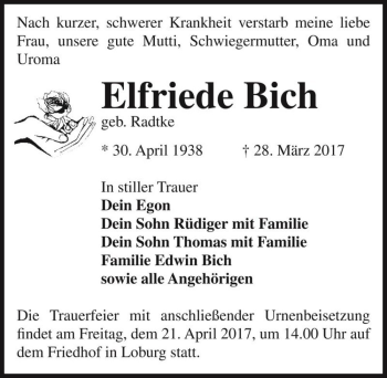 Traueranzeige von Elfriede Bich (geb. Radtke)  von Magdeburger Volksstimme