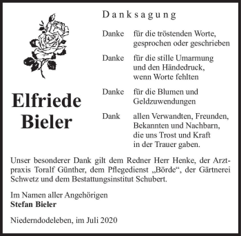 Traueranzeige von Elfriede Bieler  von Magdeburger Volksstimme