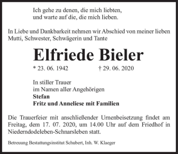 Traueranzeige von Elfriede Bieler  von Magdeburger Volksstimme