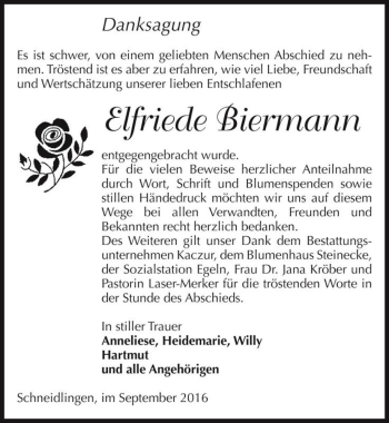 Traueranzeige von Elfriede Biermann  von Magdeburger Volksstimme