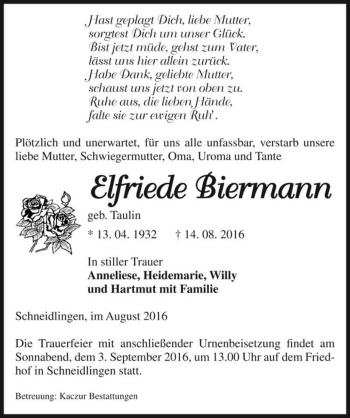 Traueranzeige von Elfriede Biermann (geb. Taulin)  von Magdeburger Volksstimme