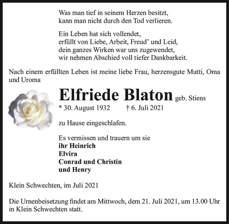  Traueranzeige für Elfriede Blaton (geb. Stiens)  vom 16.07.2021 aus Magdeburger Volksstimme