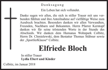 Traueranzeige von Elfriede Bloch  von Magdeburger Volksstimme
