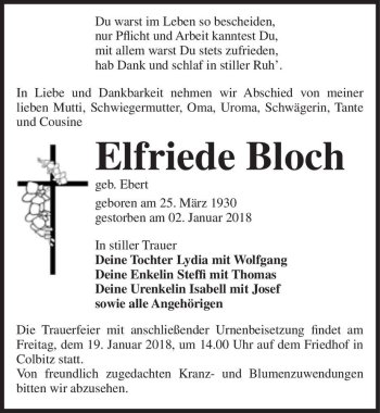 Traueranzeige von Elfriede Bloch (geb. Ebert)  von Magdeburger Volksstimme