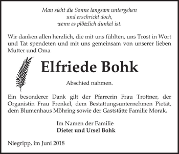 Traueranzeige von Elfriede Bohk  von Magdeburger Volksstimme