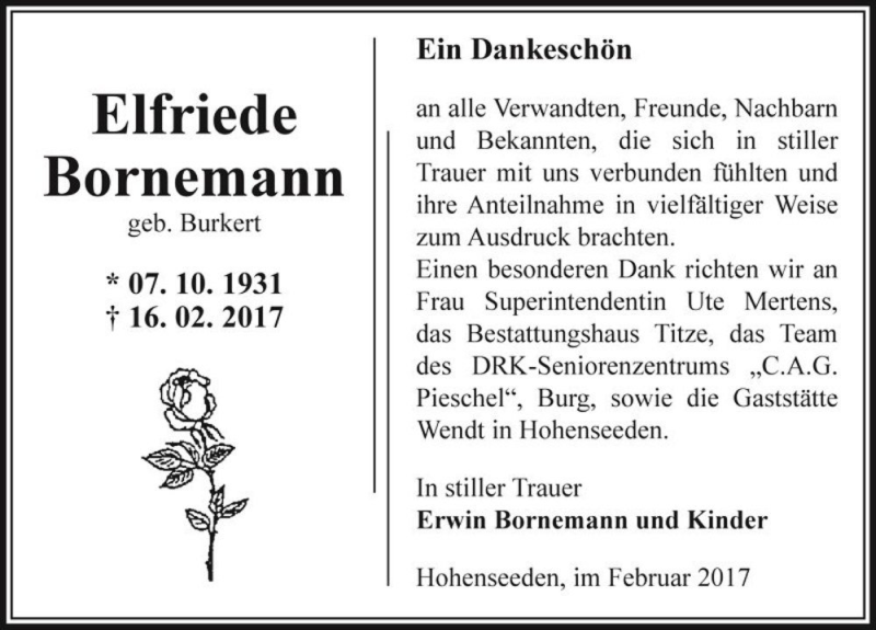  Traueranzeige für Elfriede Bornemann (geb. Burkert)  vom 11.03.2017 aus Magdeburger Volksstimme