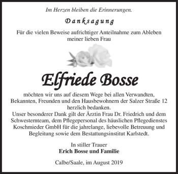 Traueranzeige von Elfriede Bosse  von Magdeburger Volksstimme