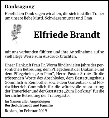 Traueranzeige von Elfriede Brandt  von Magdeburger Volksstimme