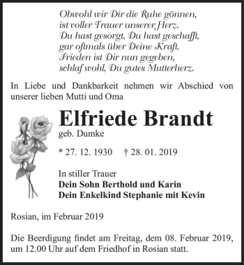 Traueranzeige von Elfriede Brandt  von Magdeburger Volksstimme