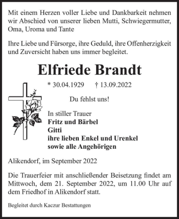 Traueranzeige von Elfriede Brandt  von Magdeburger Volksstimme