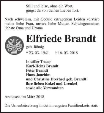 Traueranzeige von Elfriede Brandt (geb. Jähnig)  von Magdeburger Volksstimme