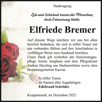 Traueranzeige von Elfriede Bremer  von Magdeburger Volksstimme