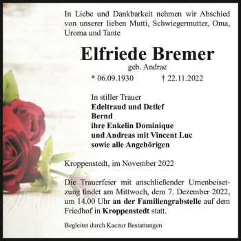 Traueranzeige von Elfriede Bremer (geb. Andrae)  von Magdeburger Volksstimme