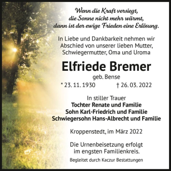 Traueranzeige von Elfriede Bremer (geb. Bense)  von Magdeburger Volksstimme