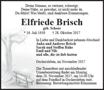 Traueranzeige von Elfriede Brisch (geb. Schoor)  von Magdeburger Volksstimme