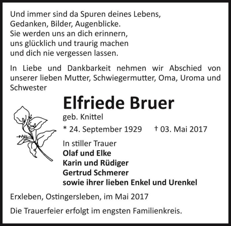  Traueranzeige für Elfriede Bruer (geb. Knittel)  vom 08.05.2017 aus Magdeburger Volksstimme