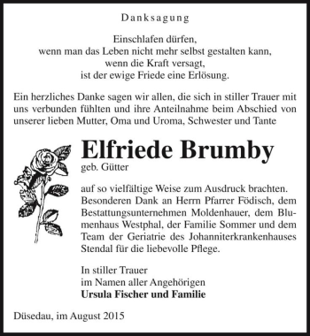 Traueranzeige von Elfriede Brumby (geb. Gütter)  von Magdeburger Volksstimme