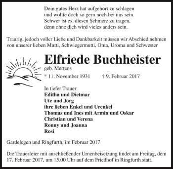 Traueranzeige von Elfriede Buchheister (geb. Mertens)  von Magdeburger Volksstimme
