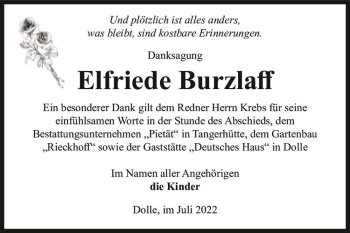 Traueranzeige von Elfriede Burzlaff  von Magdeburger Volksstimme