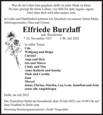 Traueranzeige von Elfriede Burzlaff (geb. Beschorner)  von Magdeburger Volksstimme