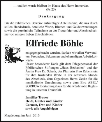 Traueranzeige von Elfriede Böhle  von Magdeburger Volksstimme