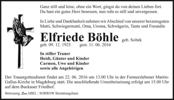 Traueranzeige von Elfriede Böhle (geb. Soltek)  von Magdeburger Volksstimme